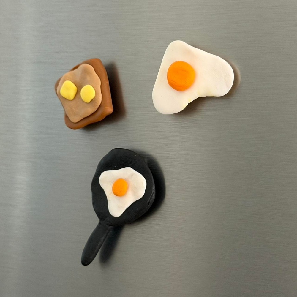 3pc Handmade Breakfast Food Magnets Polymer Clay Egg Toast Frying Pan Kitsch